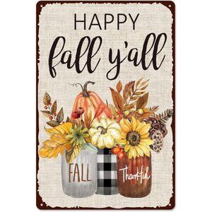 Retro Tin Sign Fall Thanksgiving Pumpkin Leaves Mason Jar Metal Sign